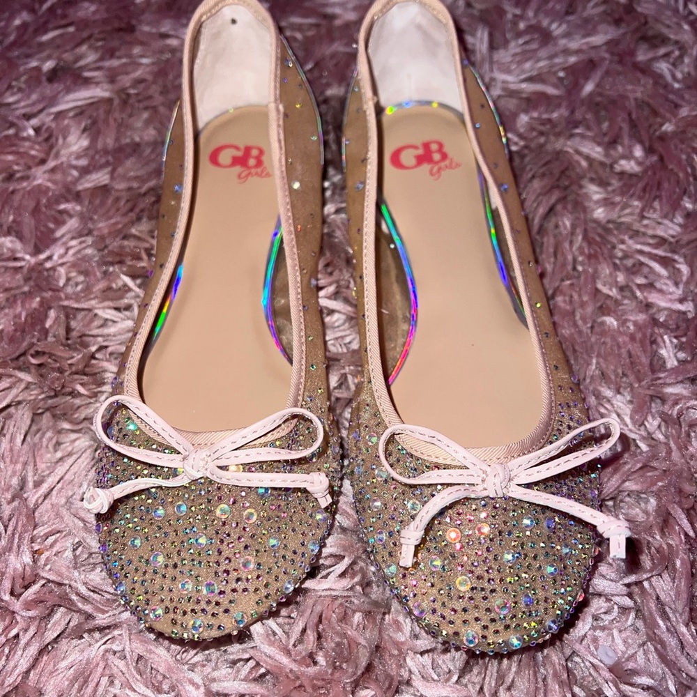 GB Girls Sparkly Dress Shoes with Bow - Tan and Pink
